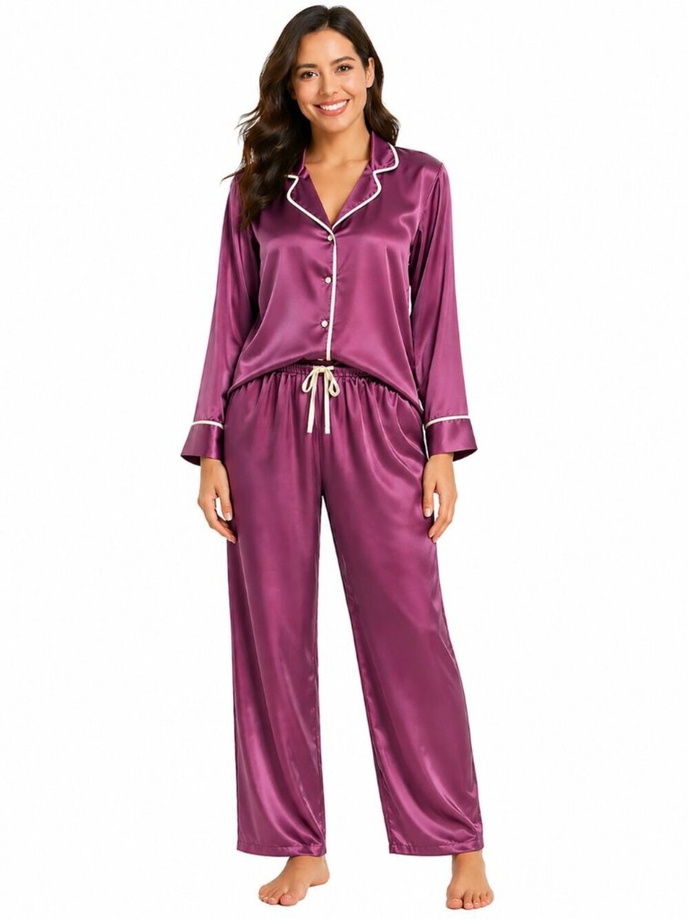 Natori Private Luxuries Magenta White Trim Satin Pajamas